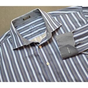 Bugatchi Uomo‎ Mens XXL Blue Stripe Button Up Dress Shirt Classic Fit Flipp Cuff